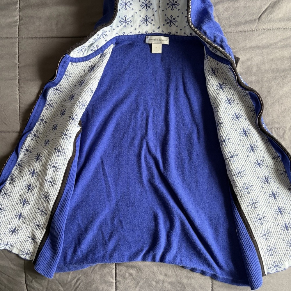 VTG Medium 90s Blue Hooded Snowflake Sweater Vest Zipper Cottage Nordic Scandi - Picture 6 of 10